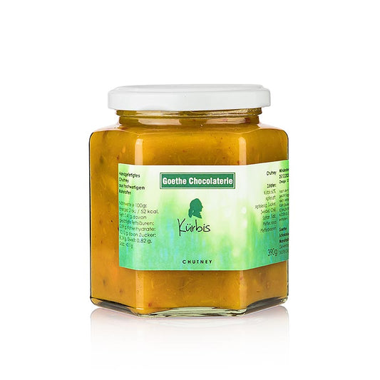 Pot van 390 g Goethe Chocolaterie Pompoenchutney, een heerlijke toevoeging aan gerechten