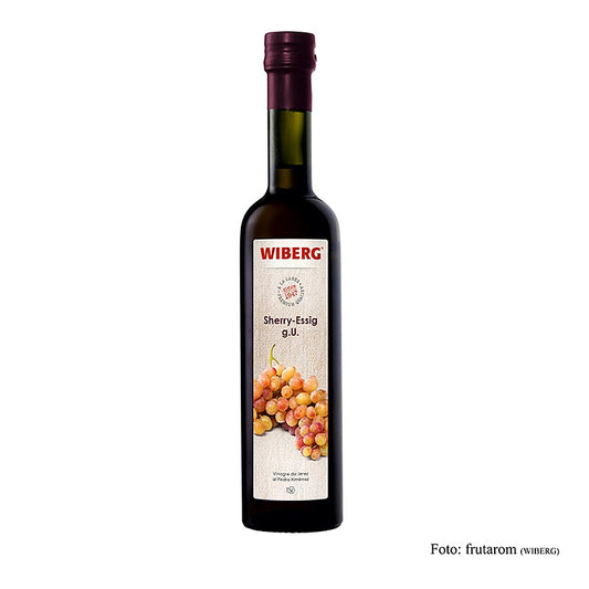Wiberg Sherry Azijn Reserva, gemaakt van Pedro Ximénez druiven, met een zuurgraad van 7%, in een fles van 500 ml