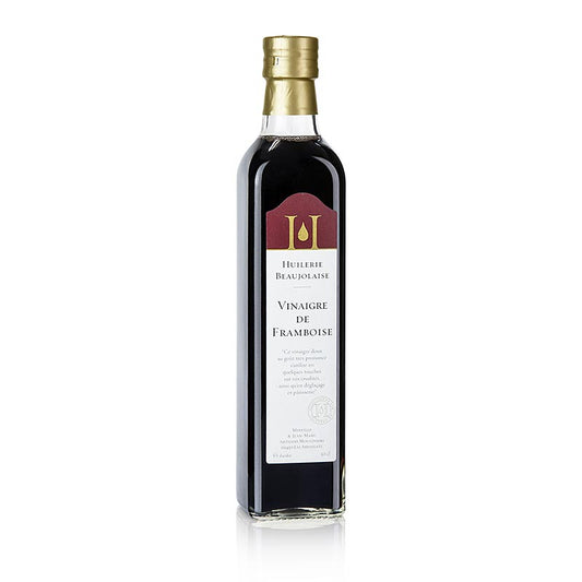 Fles frambozenazijn van 500 ml met 6% zuurgehalte, geproduceerd door Huilerie Beaujolaise - Mireille et Jean-Marc
