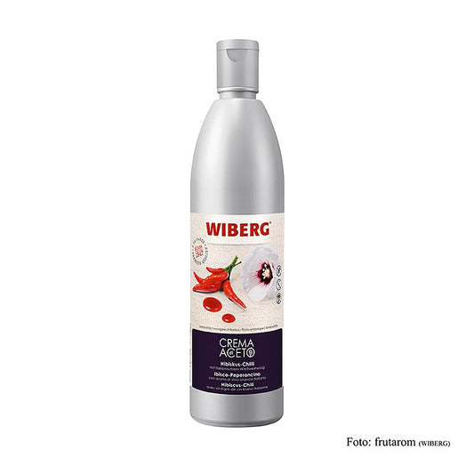 WIBERG Crema di Aceto, hibiscus-chili, knijpfles, 500 ml - productfoto met rode hibiscusbloemen en chili peper in een knijpfles van 500 ml