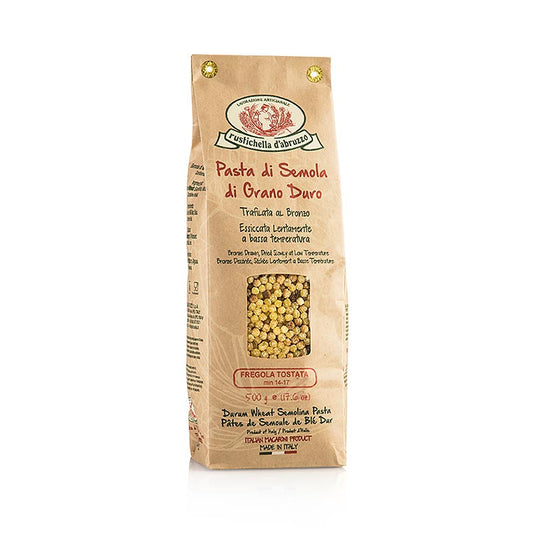 Fregola Tostata, parel pasta gemaakt van geroosterd durum tarwegries, 500 g - Afbeelding van 500 gram geroosterde durum tarwegries parel pasta