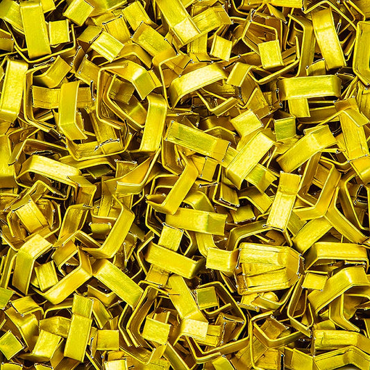 Gouden Clippfix sluiting voor het veilig sluiten van 1000 polypropyleen bodemzakken of cellofaan zakken