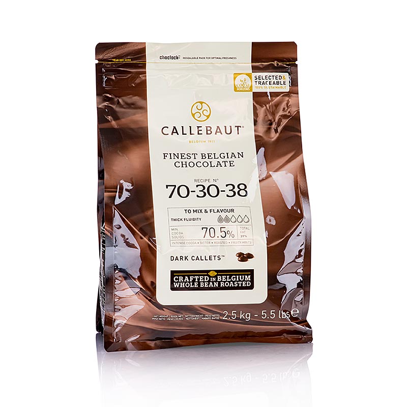 Verpakte 2,5 kg zwarte chocolade Callets met 70% cacao, perfect voor heerlijke desserts en bakrecepten