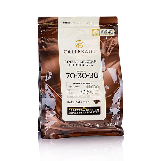 Verpakte 2,5 kg zwarte chocolade Callets met 70% cacao, perfect voor heerlijke desserts en bakrecepten