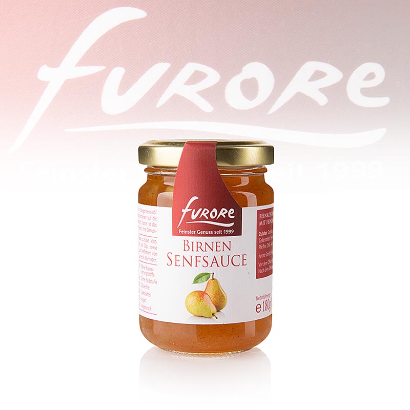 130 ml flesje Furore Peren- en mosterdsaus met stukjes op een witte achtergrond