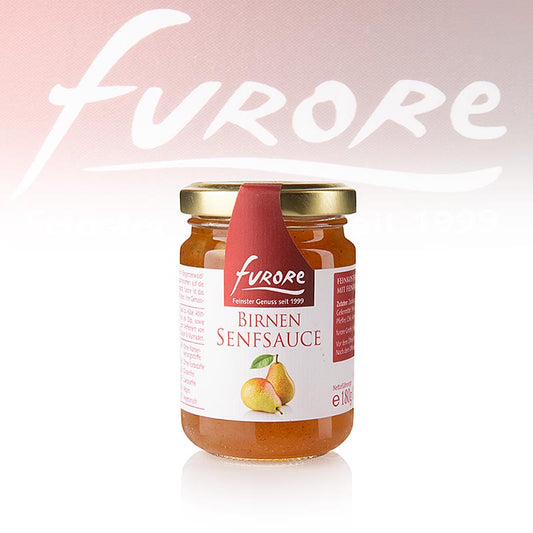 130 ml flesje Furore Peren- en mosterdsaus met stukjes op een witte achtergrond