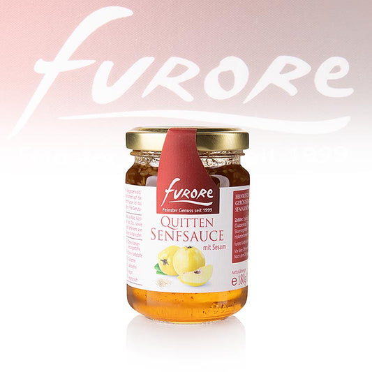 Flesje Furore Kweepeer en mosterdsaus met sesamzaadjes, 130 ml, perfect voor toevoeging aan salades en vleesgerechten