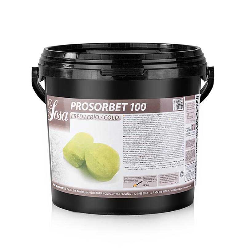 Pro Sorbet 100 koud, stabilisator voor sorbet, 3 kg - productfoto met verpakking en ingrediëntenlabel