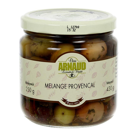 Olijvenmix Provençaals met pit en tijm in pekel van Arnaud, 430 g, perfect voor bij de borrel of als smaakmaker in salades