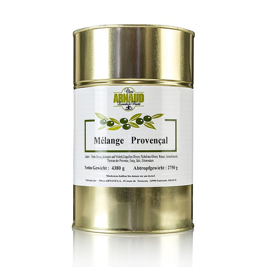 Olijvenmengeling, Melange Provençaals, met pit, met tijm, in pekel, Arnaud, 438 kg - Grote pot met gevarieerde mix van olijven in Provençaalse stijl, inclusief pit en tijm, bewaard in pekel van het merk Arnaud, 438 kilogram