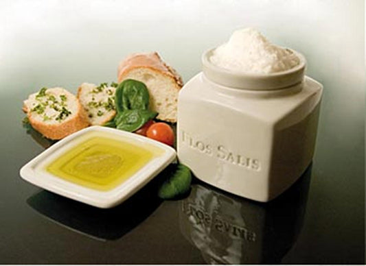 Twee grote Tafelzoutpotjes Flos Salis® met Flor de Sal selectie & olijfolie dompelkom, elk 225 g
