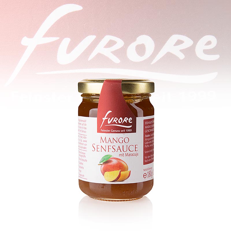 Fles van 130 ml Furore mango-passievrucht-mosterdsaus, perfect voor salades en gegrild vlees