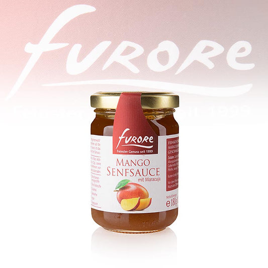 Fles van 130 ml Furore mango-passievrucht-mosterdsaus, perfect voor salades en gegrild vlees