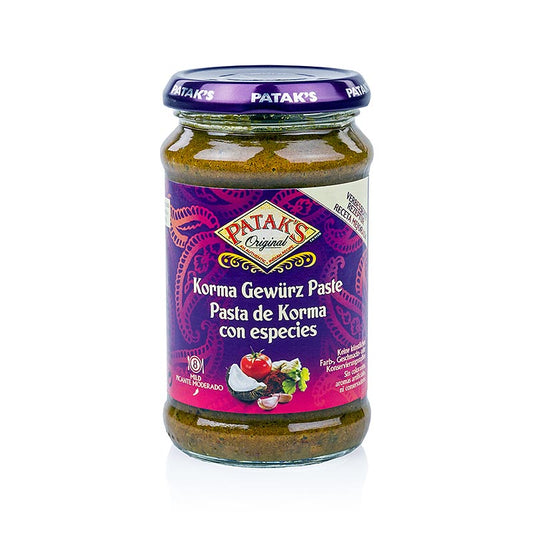 Currypasta Korma, mild, Patak's, 290 g - Een afbeelding van een potje currypasta Korma van het merk Patak's, mild van smaak, 290 gram
