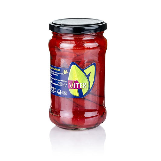 Rode geschilde paprika's gevuld met knoflook, in een pot van 290 g