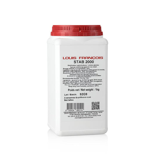 Stab 2000, stabilisator voor ijs en slagroom, Louis Francois, 1 kg - productafbeelding met witte verpakking en blauwe tekst op een witte achtergrond