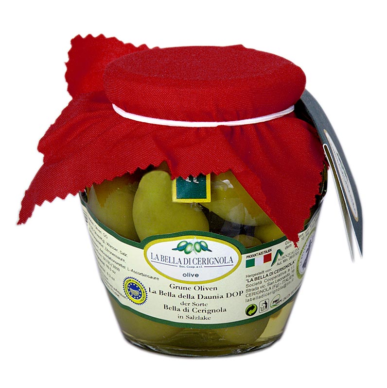 Grote groene olijven met pit, van de Bella di Cerignola variëteit, ingemaakt in pekel, 300 g