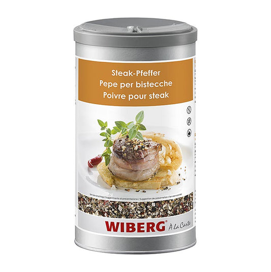 650g verpakking Wiberg steak peper kruidenmix grof, perfect voor het kruiden van steaks