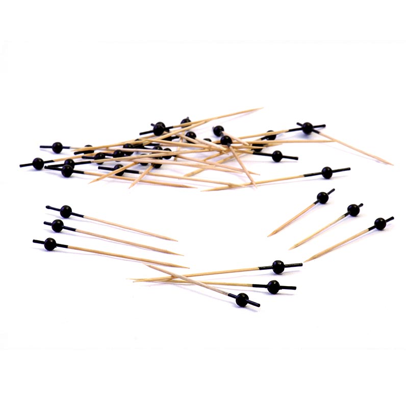 Houten spiesen, met zwarte bol, 9 cm, 100 stuks