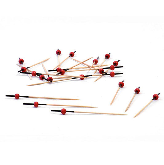 Houten spiesen, met zwart gekleurd uiteinde en rode bol, 9 cm, 100 stuks