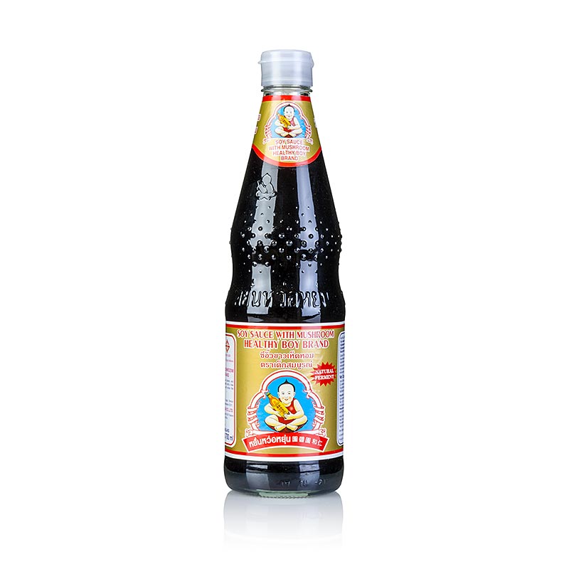 Sojasaus - Shoyu, Healthy Boy, donker, met champignons, 700 ml - een gezonde en smaakvolle donkere sojasaus verrijkt met champignons, in een fles van 700 ml