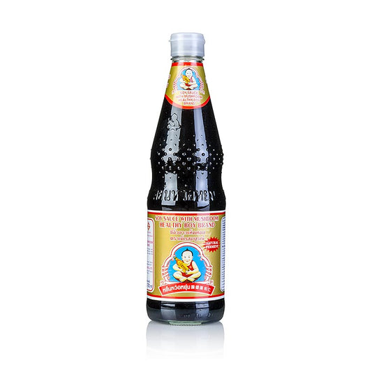 Sojasaus - Shoyu, Healthy Boy, donker, met champignons, 700 ml - een gezonde en smaakvolle donkere sojasaus verrijkt met champignons, in een fles van 700 ml