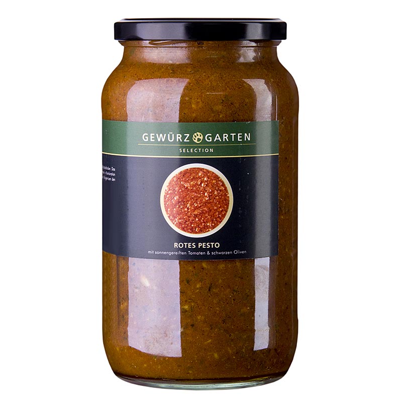 Gewürzgarten rode pesto, met zongerijpte tomaten en zwarte olijven, 900 ml - Een heerlijke smaakvolle rode pesto gemaakt van zongerijpte tomaten en zwarte olijven in een 900 ml verpakking