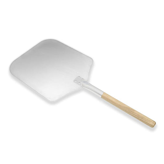 Pizzaschil van aluminium met houten handvat, afmetingen 35x30,5cm, handvat 43cm lang