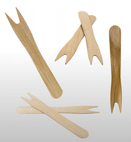 Snackvorkjes/-prikkers van hout, lichtbruin, 8,5 cm, met 2 tanden, 1.000 stuks