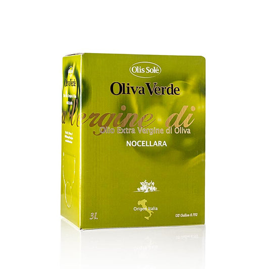 Extra olijfolie van de eerste persing, Oliva Verde, gemaakt van Nocellara-olijven, verpakt in een fles van 3 liter