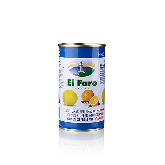 Groene olijven, pitloos, met sinaasappelpasta, in pekel, El Faro, 350 g