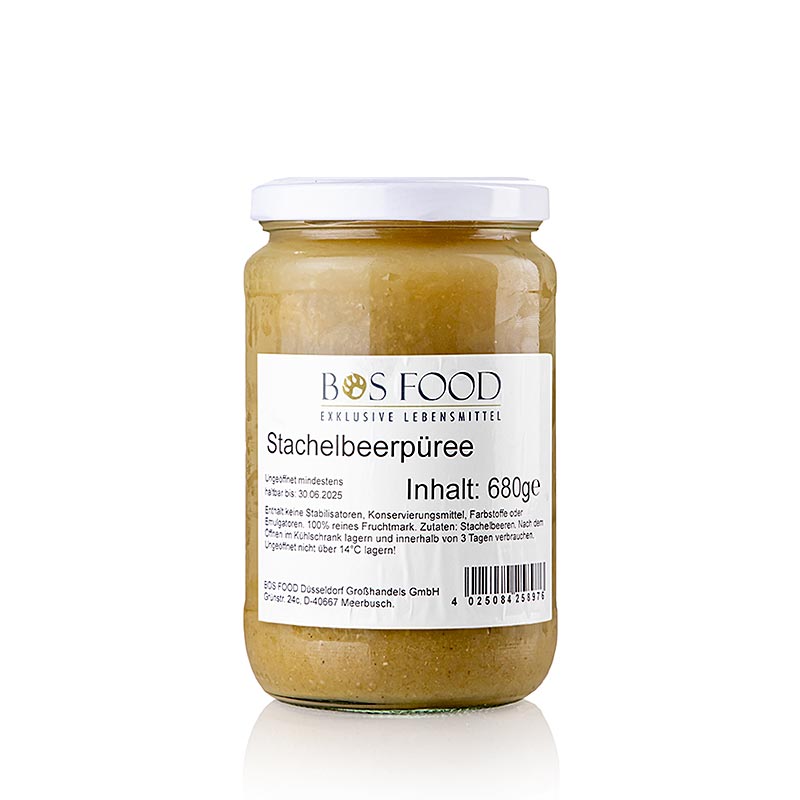 Biologische kruisbes puree, fijn gezeefd en verpakt in een pot van 680 gram