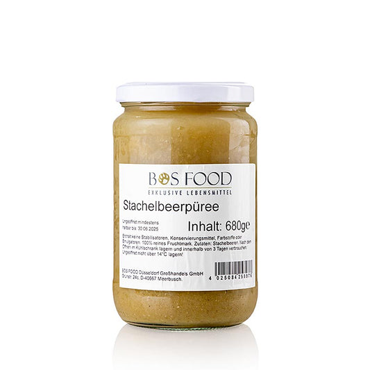 Biologische kruisbes puree, fijn gezeefd en verpakt in een pot van 680 gram