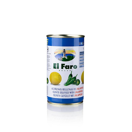 Groene olijven, zonder pit, met jalapeñopeper, El Faro, 350 g