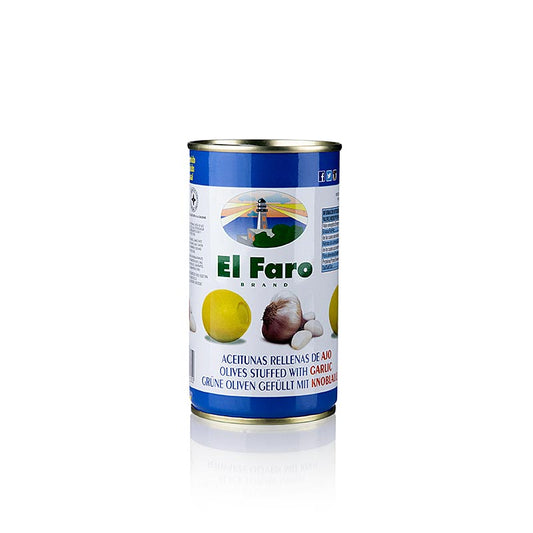 Groene olijven, zonder pit, met knoflookpasta, in pekel, El Faro, 350 g