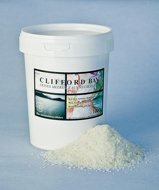 Fijnkorrelig zeezout van Clifford Bay uit Nieuw-Zeeland, verpakt in een zak van 1 kg