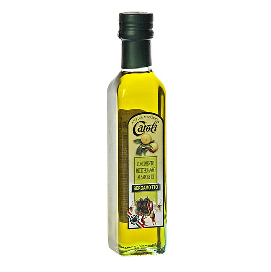 250 ml fles Caroli extra vierge olijfolie gearomatiseerd met bergamot, perfect voor salades en koken