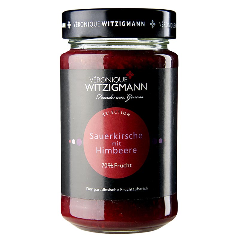 Zure kers met framboos fruitspread van 225 g - een heerlijke spread gemaakt van zure kersen en frambozen, perfect voor op brood of bij het ontbijt