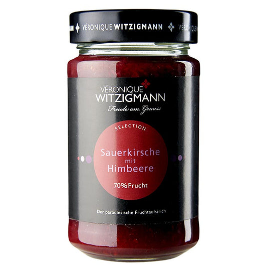 Zure kers met framboos fruitspread van 225 g - een heerlijke spread gemaakt van zure kersen en frambozen, perfect voor op brood of bij het ontbijt
