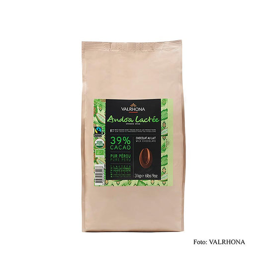 Valrhona Andoa Lactée, couverture volle melk, callets, 39% cacao, BIO, 3 kg