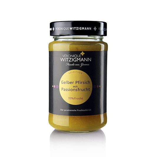 Pot met 225 gram fruitspread van gele perzik met passievrucht