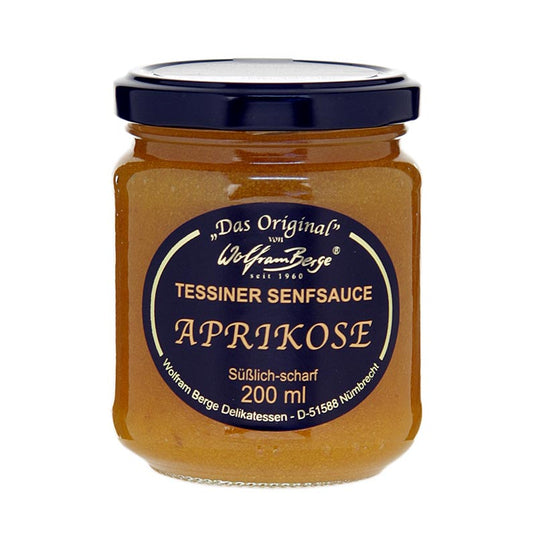 Originele Ticino abrikozen- en mosterdsaus van Wolfram Berge, 200 ml, perfect voor toevoeging aan vleesgerechten