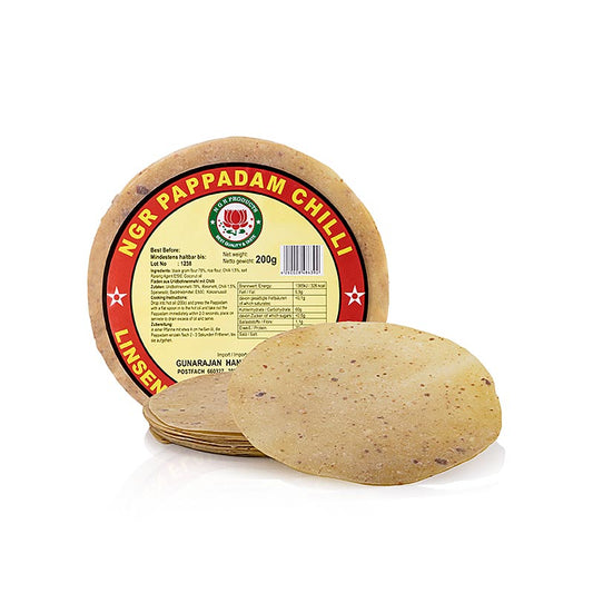 Pappadums, gekruid met rode chilipepers, ca. ø 15 cm, 200 g, 12 stuks