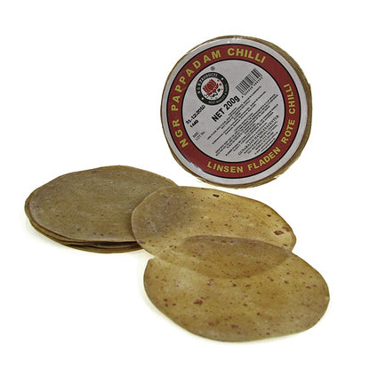 Pappadums, gekruid met rode chilipepers, ca. ø 15 cm, 200 g, 12 stuks