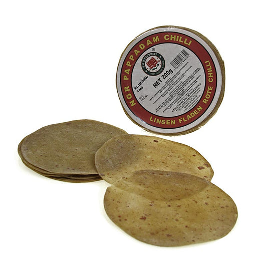 Pappadums, gekruid met rode chilipepers, ca. ø 15 cm, 200 g, 12 stuks