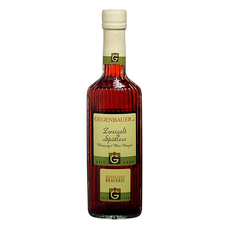 Wijnazijn Zweigelt Spätlese, een fruitige en lichtzure rode wijnazijn met 6% zuurgraad, verpakt in een fles van 250 ml