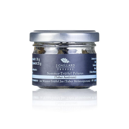 Zomertruffel pelures, truffelschelpen/schijfjes, in wintertruffelsap, Gaillard, 30 g - Luxe delicatesse van Zomertruffel pelures en schijfjes, verrijkt met wintertruffelsap, 30 g van Gaillard