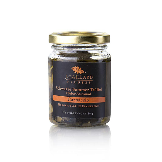 Zomertruffelcarpaccio, plakjes truffel in extra vierge olijfolie, Gaillard, 80 g, a delicacy made with thinly sliced summer truffles, preserved in high-quality extra virgin olive oil, from the renowned brand Gaillard, in a convenient 80 gram packaging