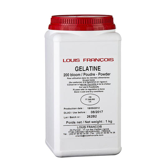 A 1 kg package of Louis Francois white 200 Bloom gelatine powder