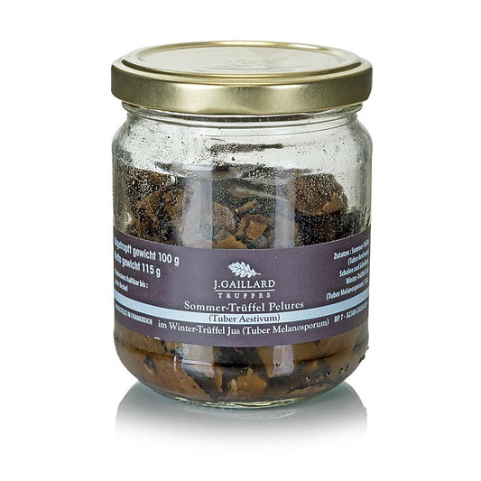 Zomertruffel pelures, truffelschelpen/schijfjes, in wintertruffelsap, Gaillard, 115 g - Een heerlijke 115g product van zomertruffel pelures en truffelschelpen in wintertruffelsap